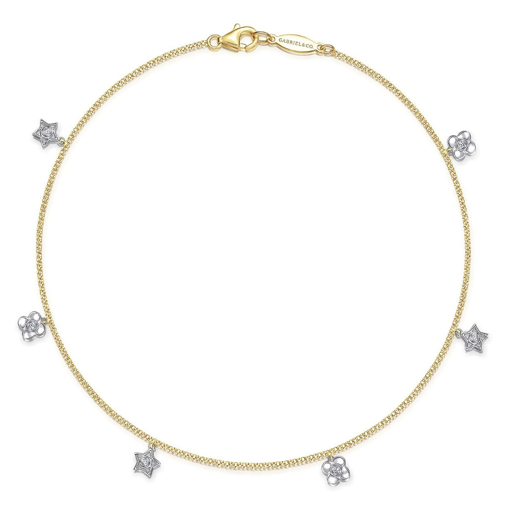 14K Yellow Gold Chain Ankle Bracelet with White Gold Diamond Flower and Star Charms