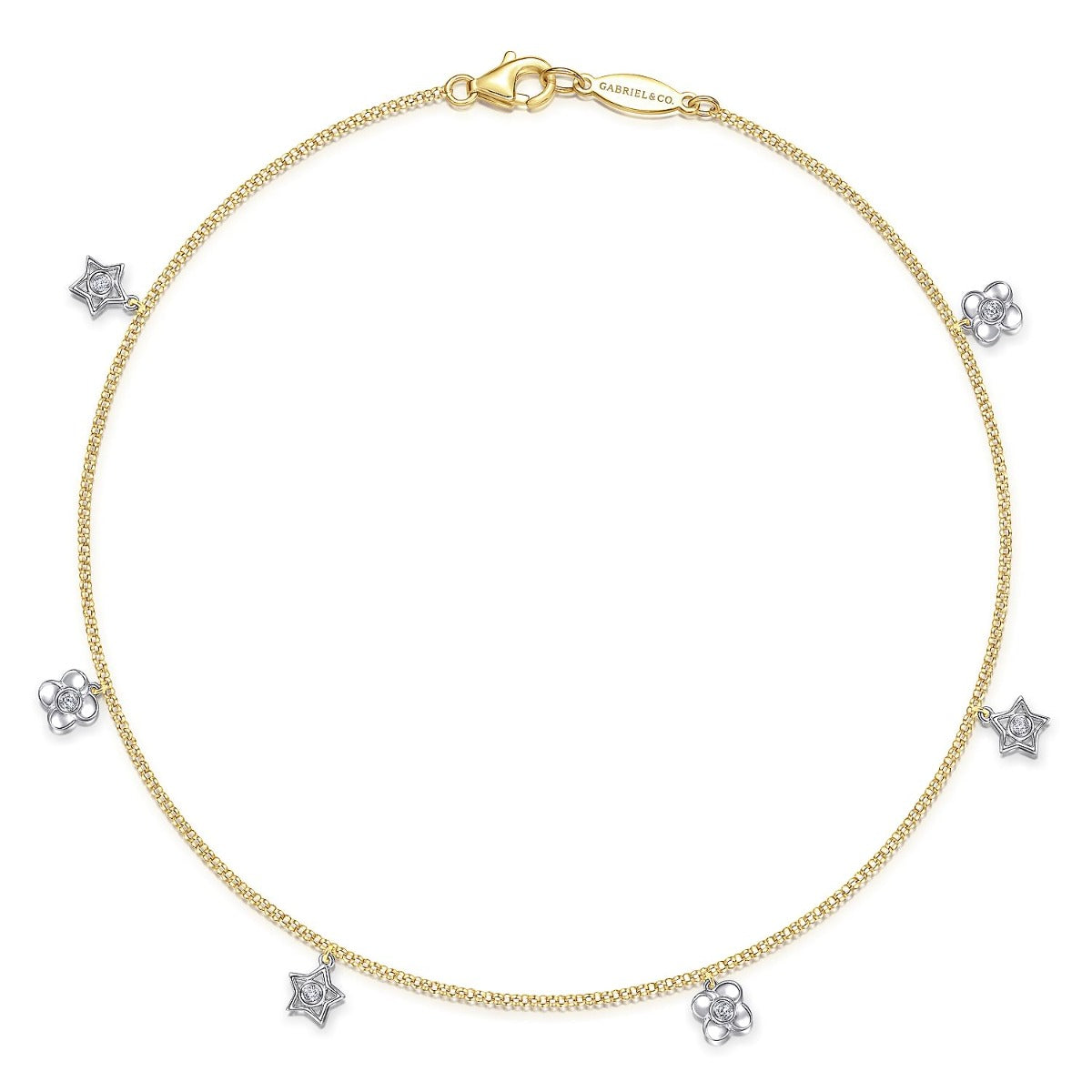 14K Yellow Gold Chain Ankle Bracelet with White Gold Diamond Flower and Star Charms