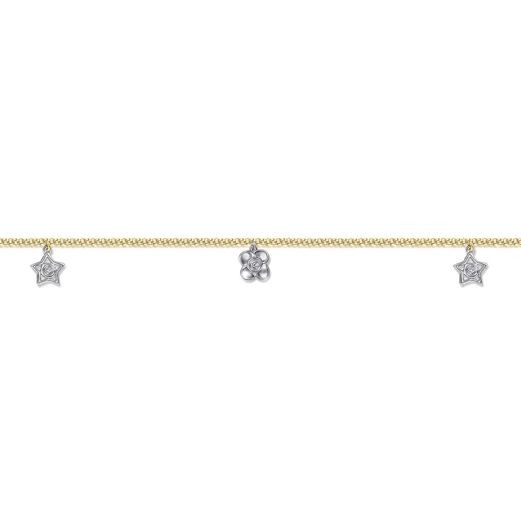 14K Yellow Gold Chain Ankle Bracelet with White Gold Diamond Flower and Star Charms