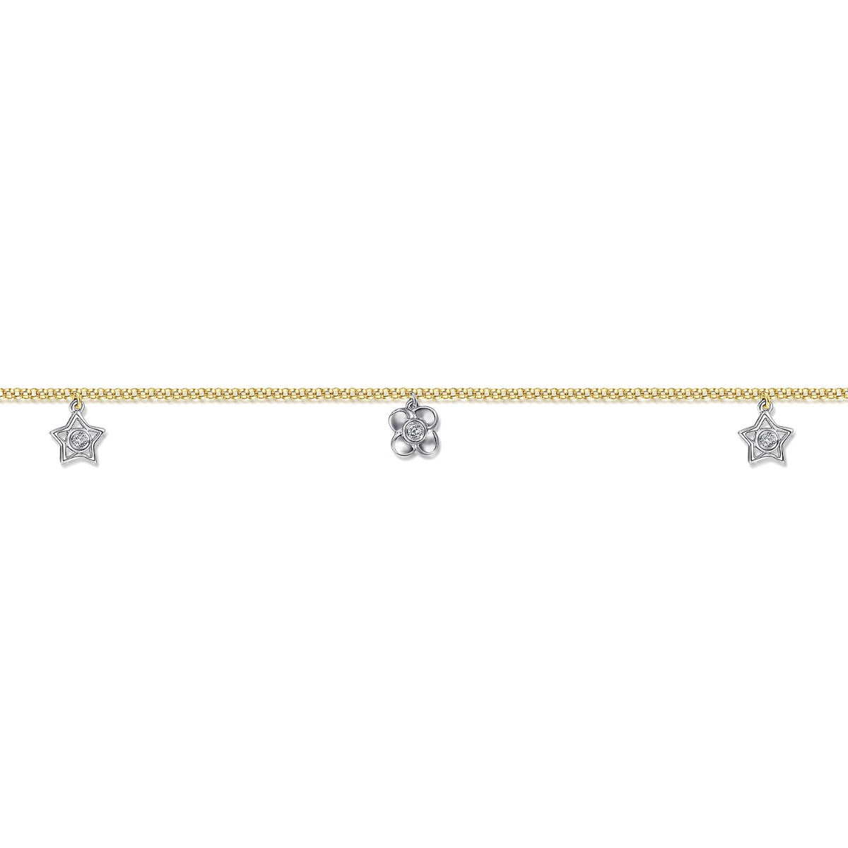 14K Yellow Gold Chain Ankle Bracelet with White Gold Diamond Flower and Star Charms