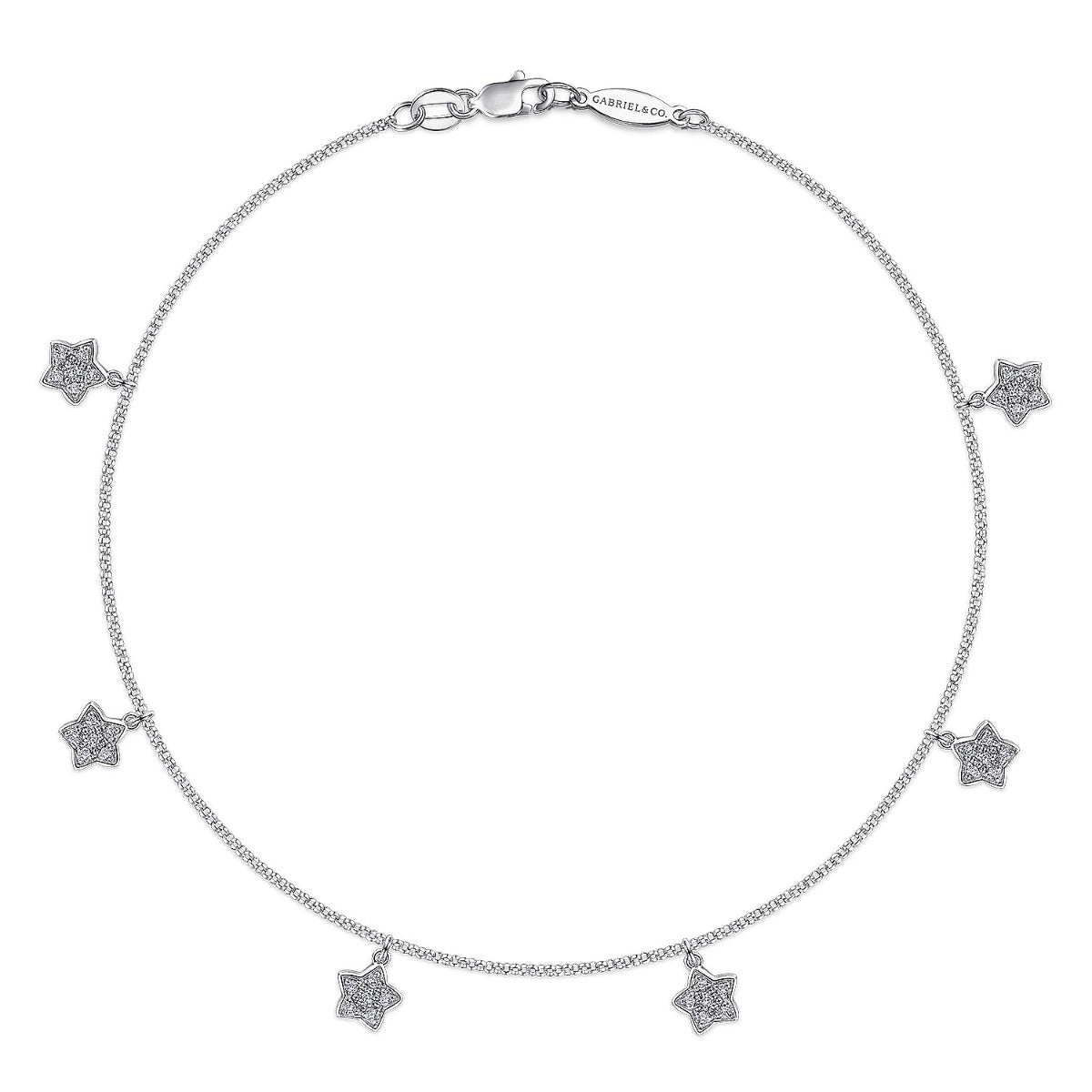 14K White Gold Chain Ankle Bracelet with White Gold Diamond Star Charms