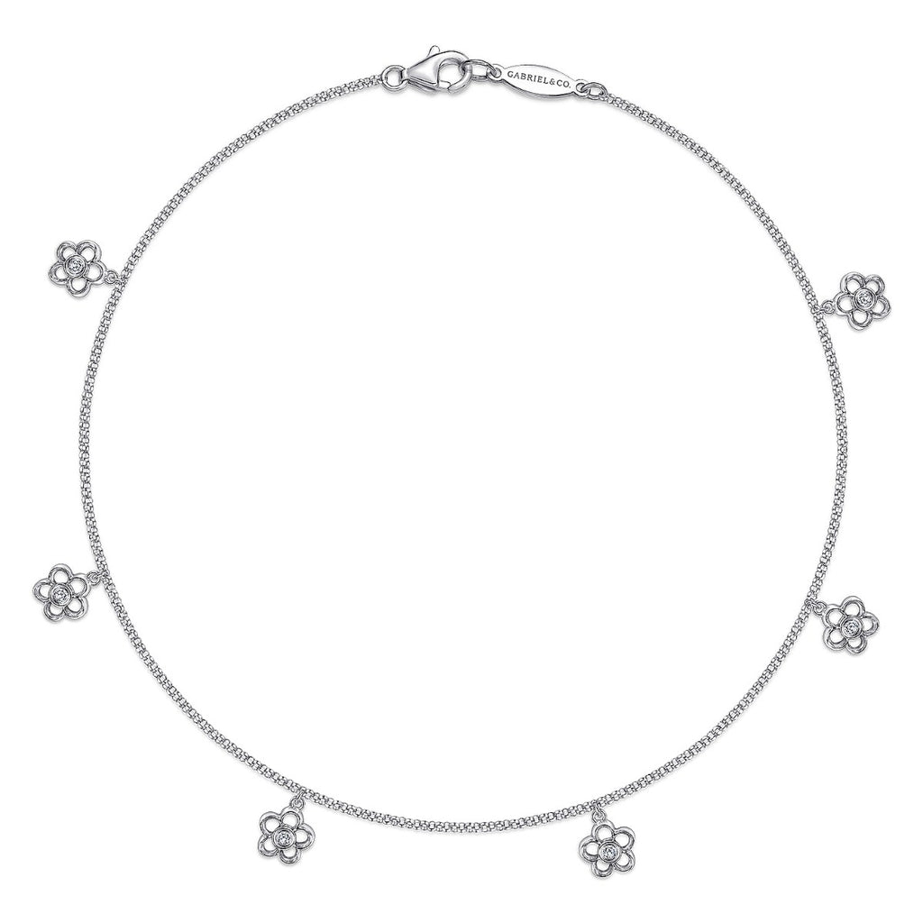 14K White Gold Chain Ankle Bracelet with White Gold Diamond Flower Charms