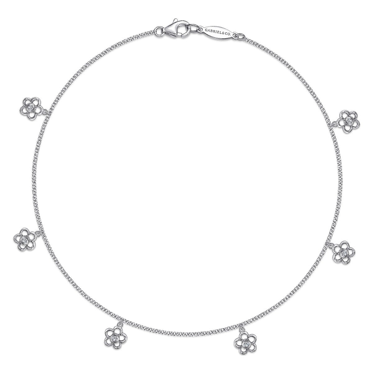 14K White Gold Chain Ankle Bracelet with White Gold Diamond Flower Charms
