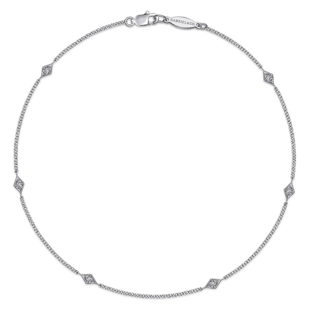 14K White Gold Ankle Bracelet with Marquise Shaped Diamond Stations