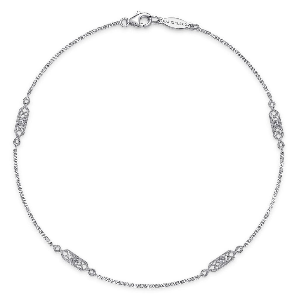 14K White Gold Ankle Bracelet with Rectangular Diamond Stations