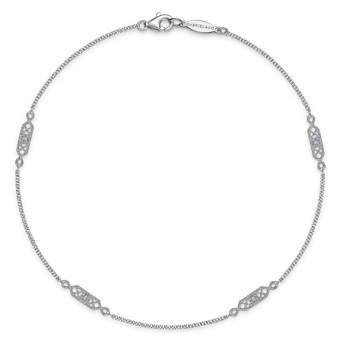 14K White Gold Ankle Bracelet with Rectangular Diamond Stations