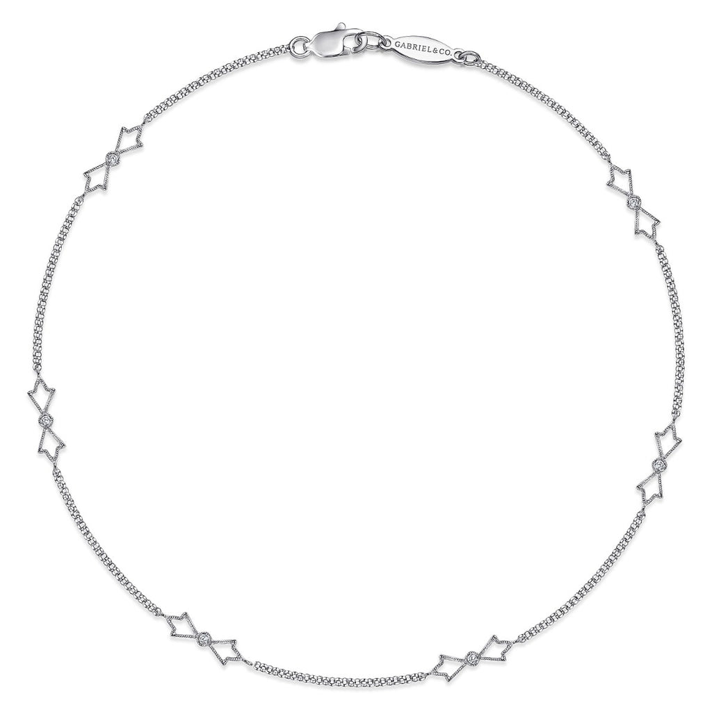 14K White Gold Ankle Bracelet with Open Leaf Diamond Stations