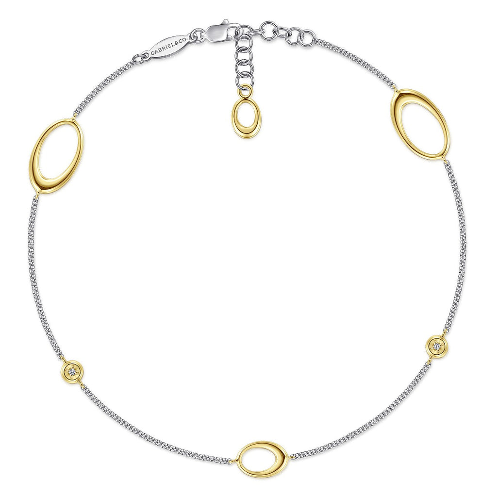 14K White-Yellow Gold Chain Ankle Bracelet with Oval Link Stations and Diamond Accents