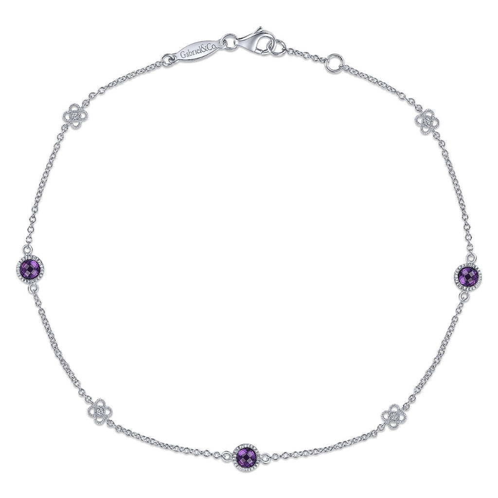 Sterling Silver Chain Ankle Bracelet with Amethyst and White Sapphire