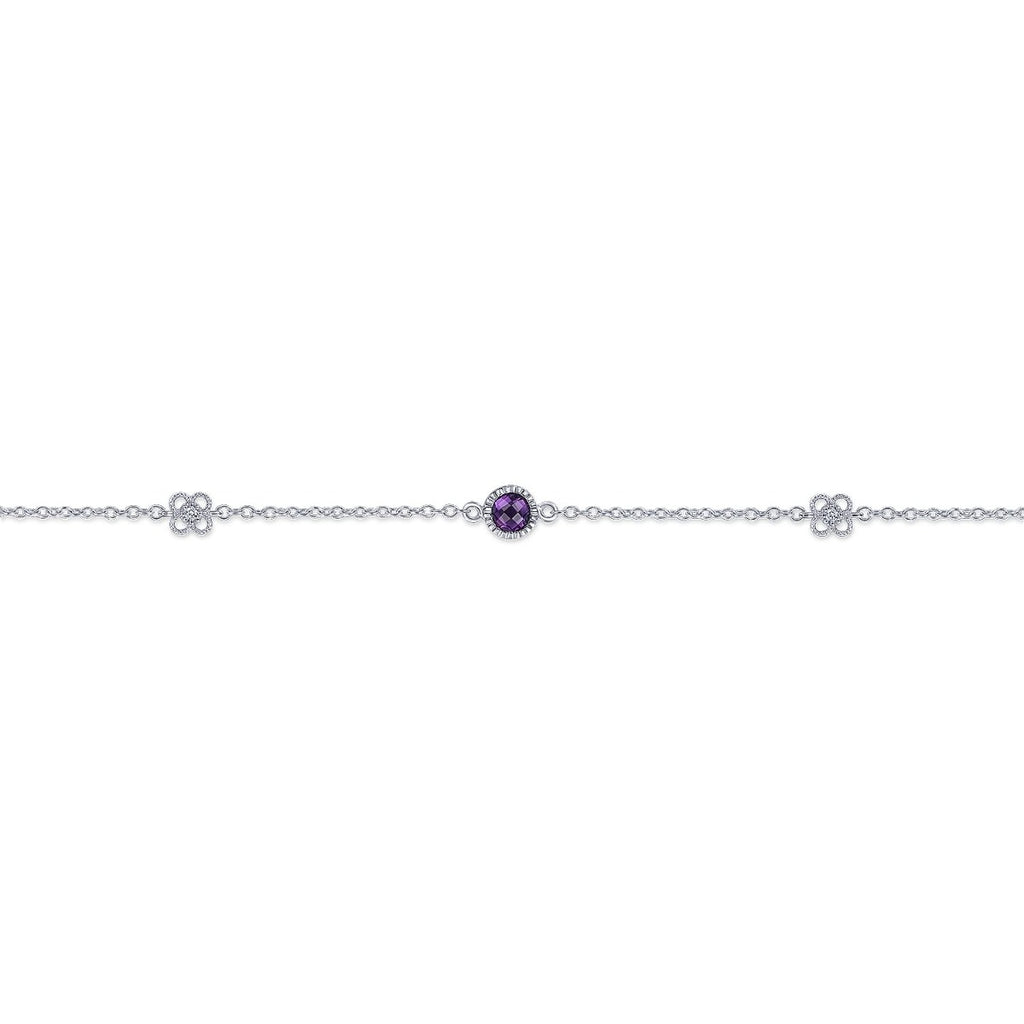 Sterling Silver Chain Ankle Bracelet with Amethyst and White Sapphire