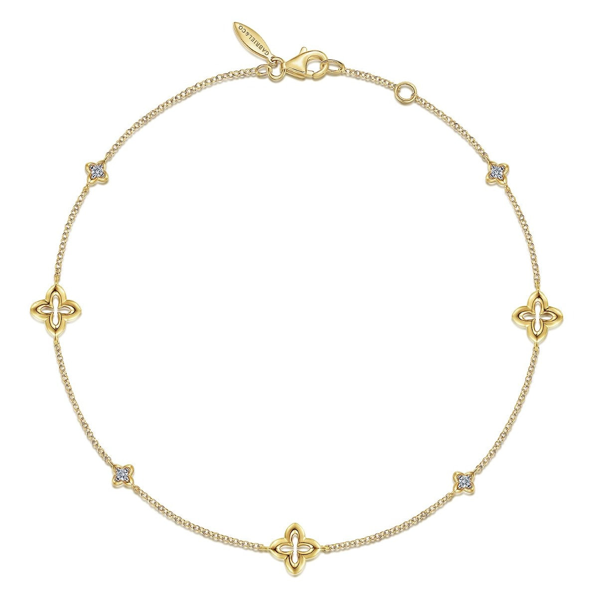 14K Yellow Gold Chain Ankle Bracelet with Clover and White Sapphire Stations
