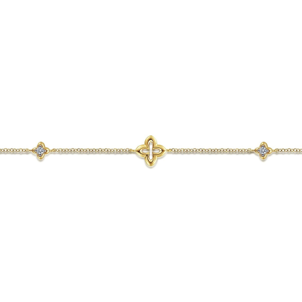 14K Yellow Gold Chain Ankle Bracelet with Clover and White Sapphire Stations