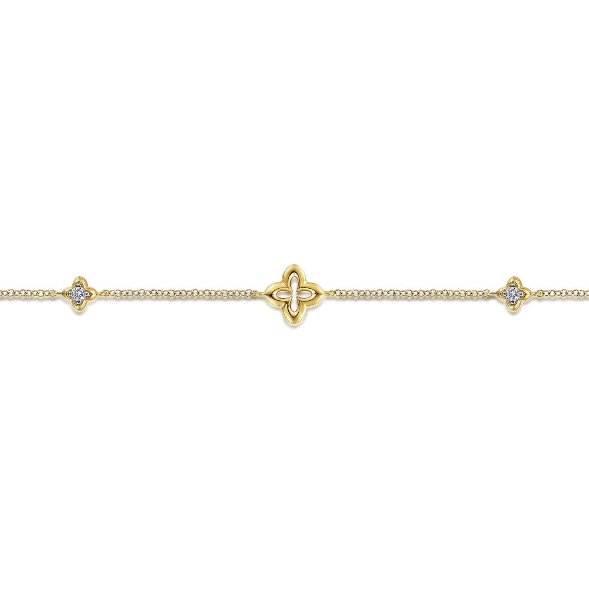 14K Yellow Gold Chain Ankle Bracelet with Clover and White Sapphire Stations
