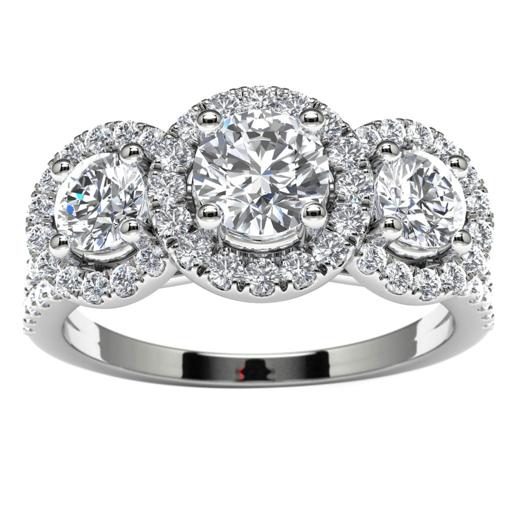 14k White Gold Three Stone Halo Engagement Ring Angle View