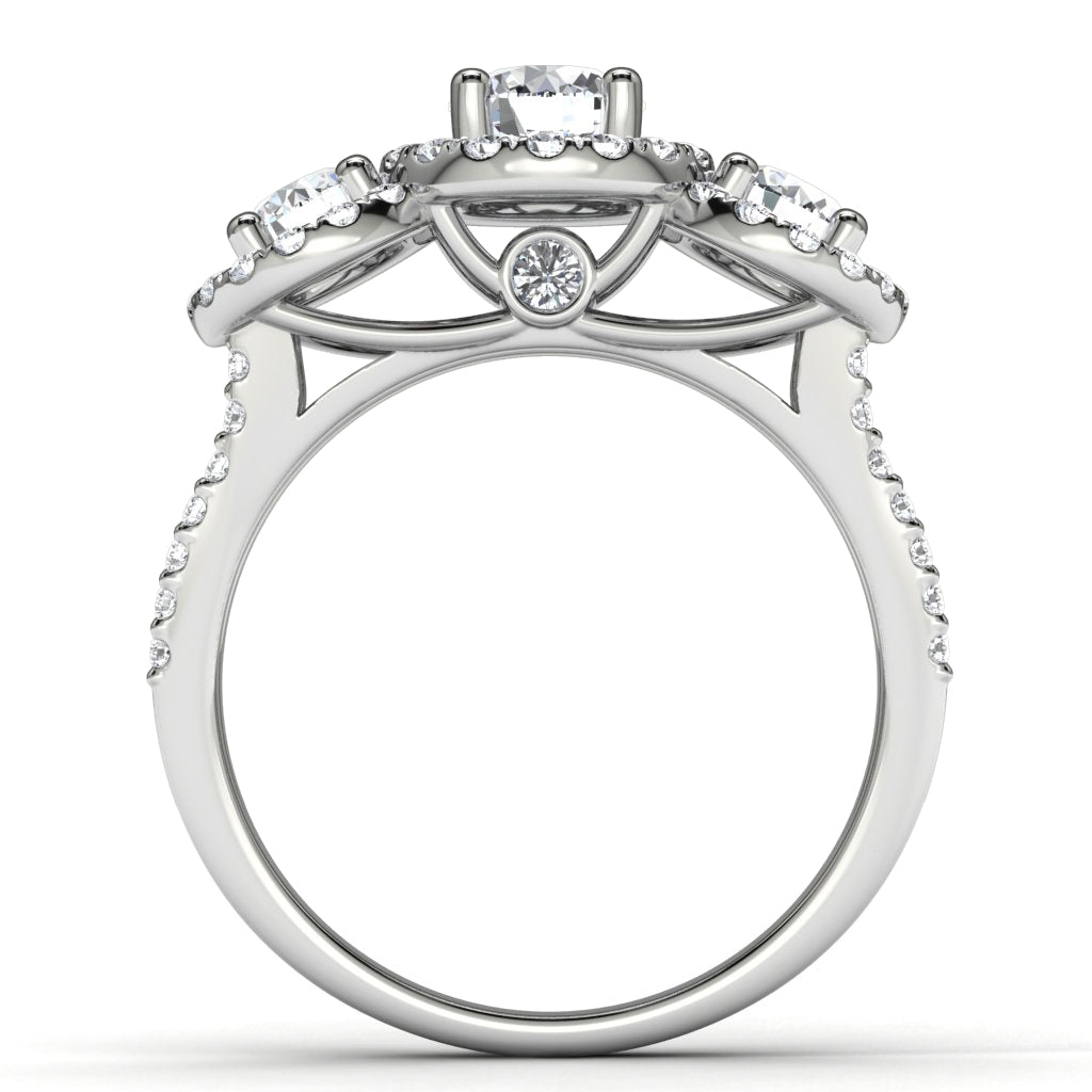 14k White Gold Three Stone Halo Engagement Ring Finger View