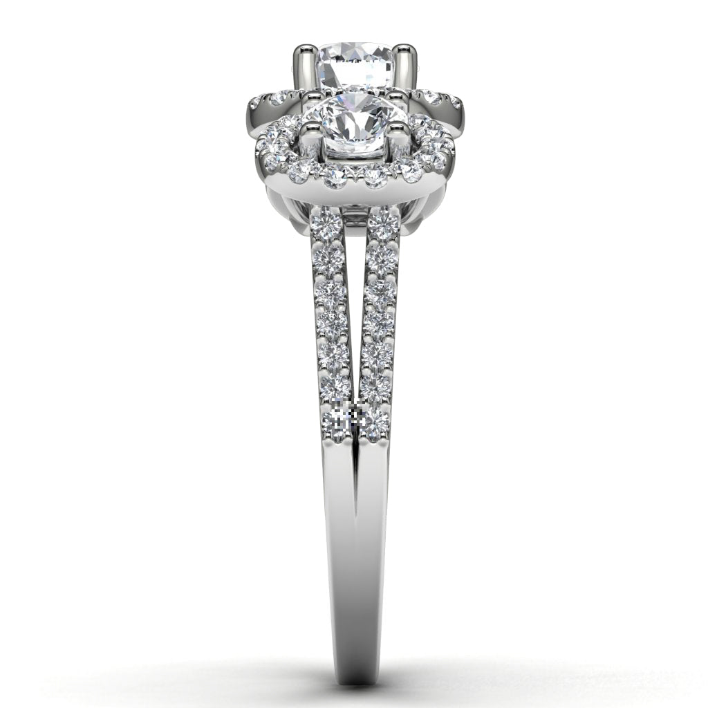 14k White Gold Three Stone Halo Engagement Ring Side View