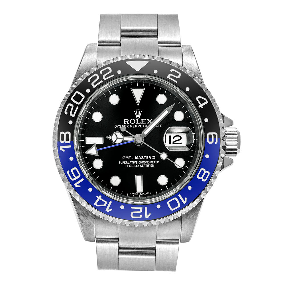 Pre-Owned Rolex Steel GMT-Master II 40 Watch - Black And Blue Batman Bezel - Black Dial - Jubilee Bracelet