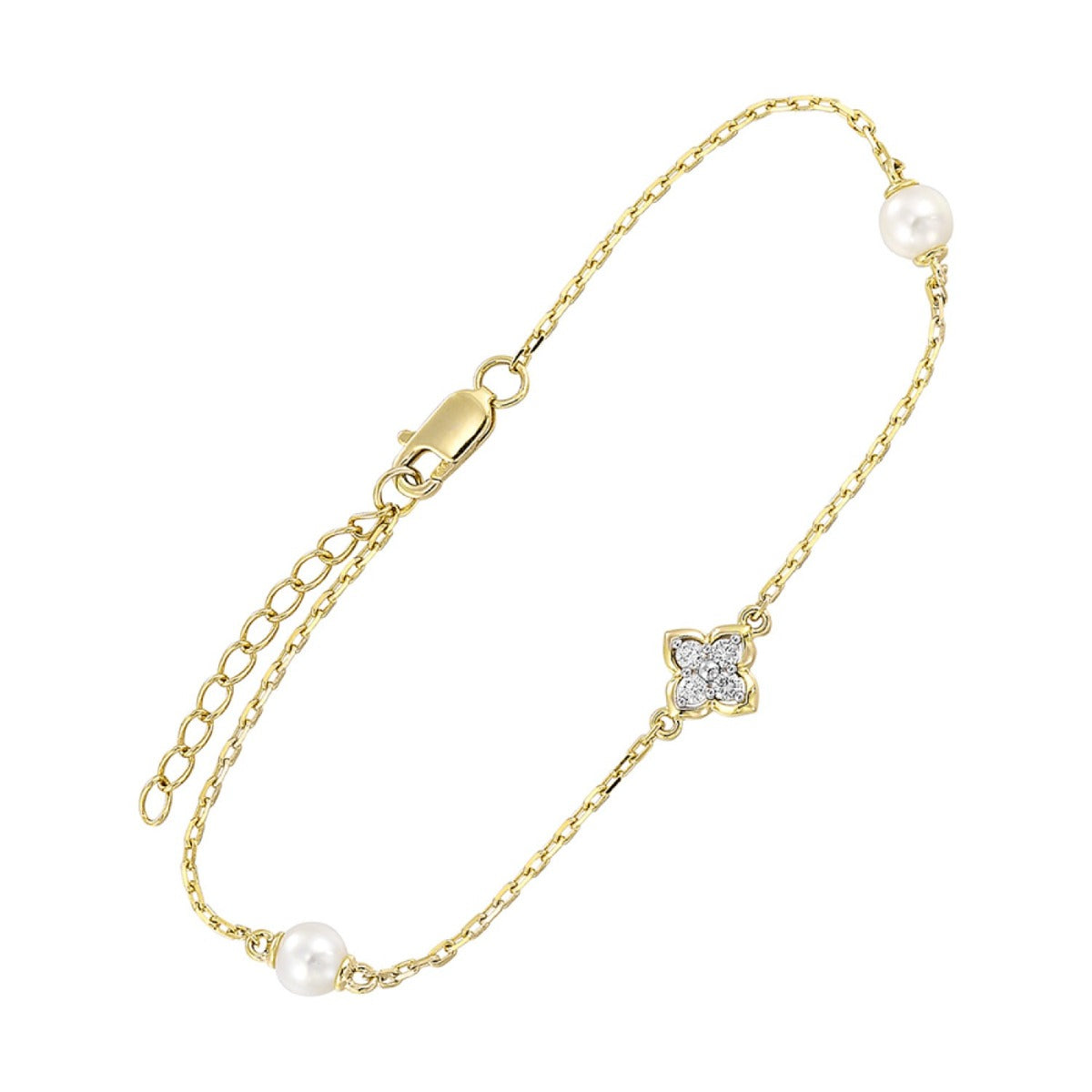 14K Yellow Gold Diamond and Pearl Station Bracelet