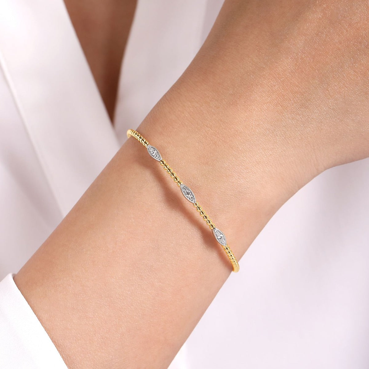 14K White-Yellow Gold Bujukan Diamond Marquise Stations Bangle