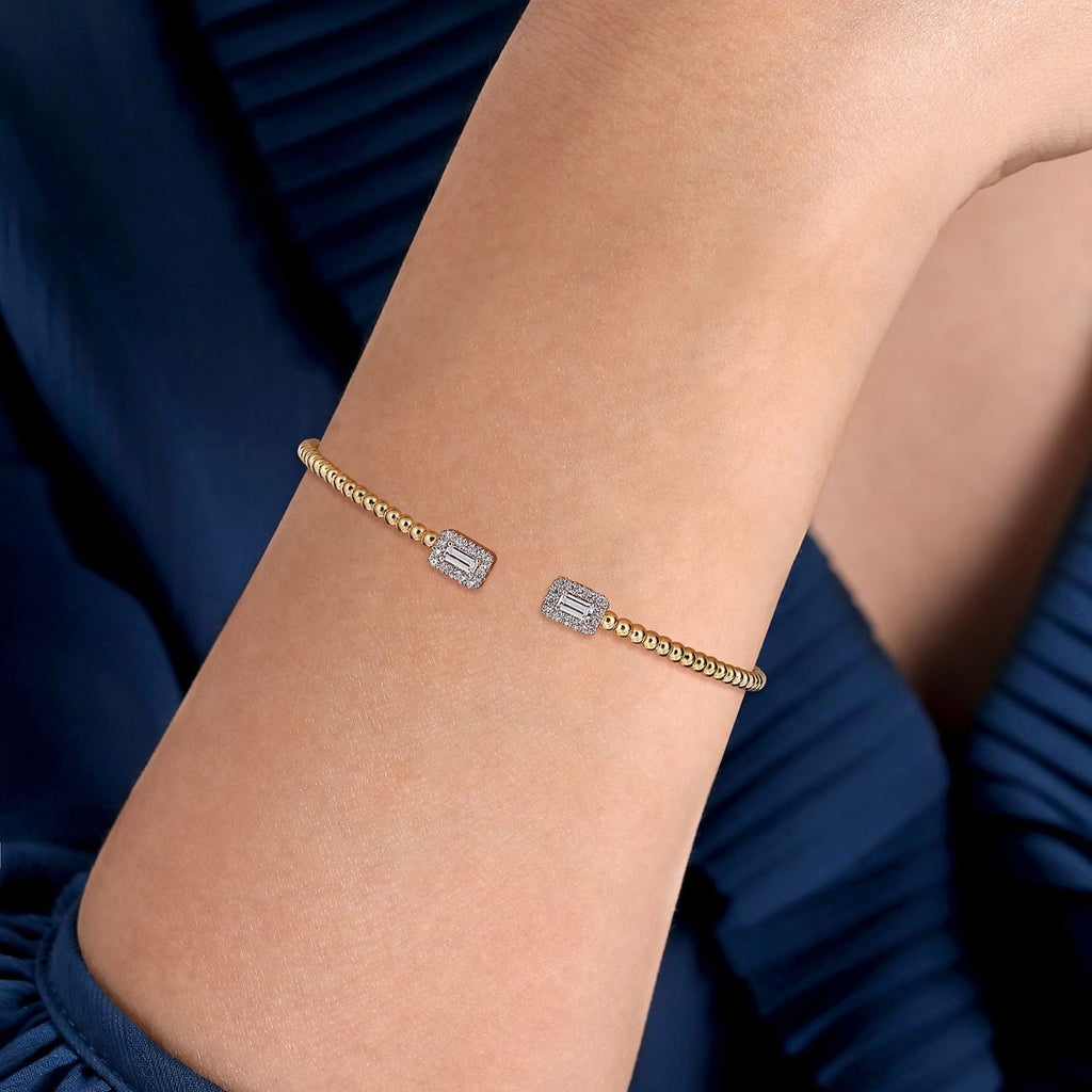 14K Yellow Gold Bujukan Open Cuff Bracelet with Diamond Baguettes