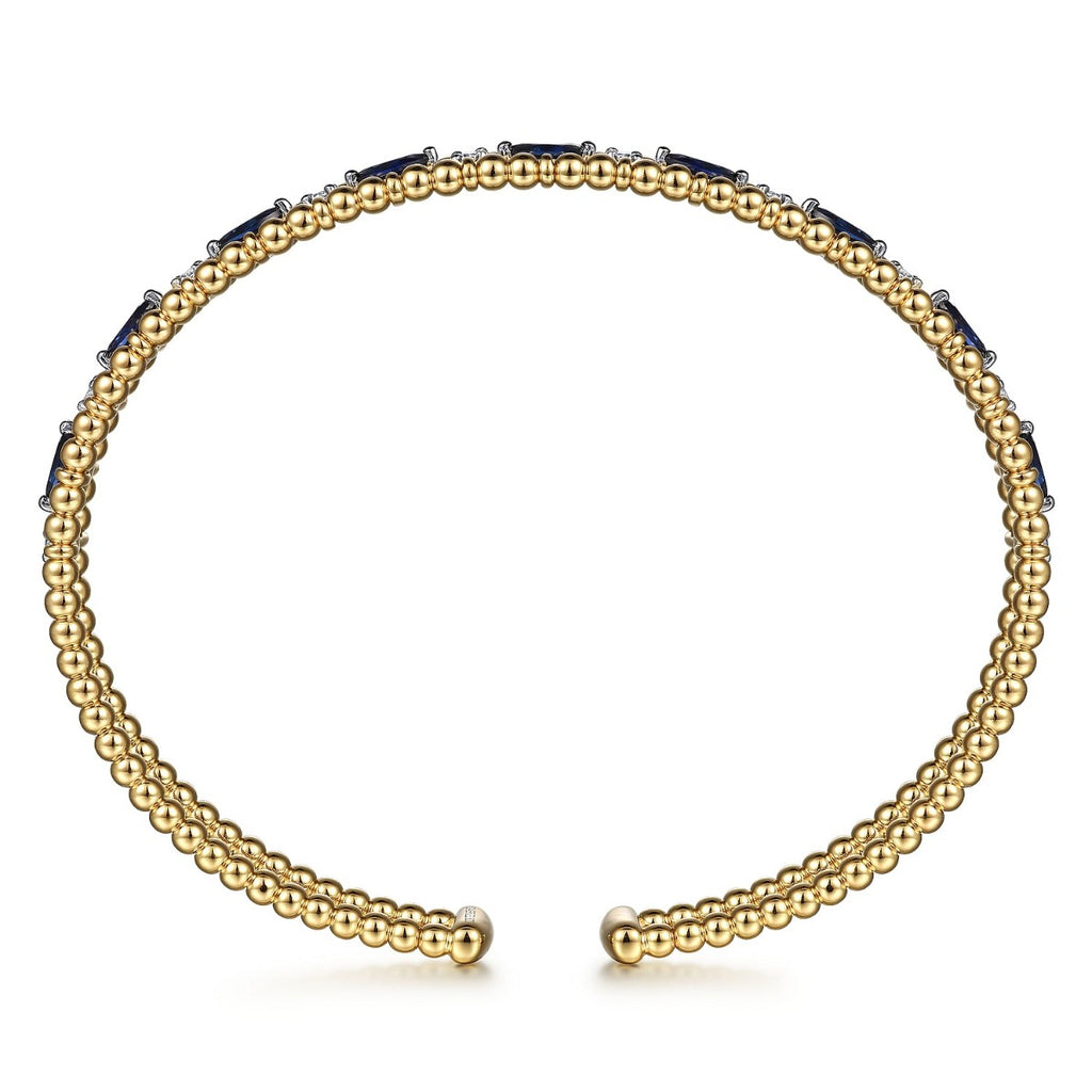 14K Yellow Gold Bujukan Cuff Bracelet with Marquise Sapphire and Round Diamonds
