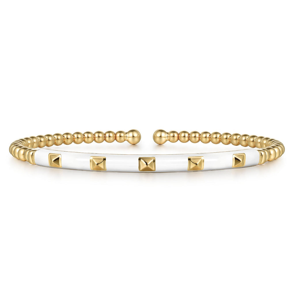 Enamel - 14K Yellow Gold Bujukan Beads and Pyramid Split Bangle with White Enamel