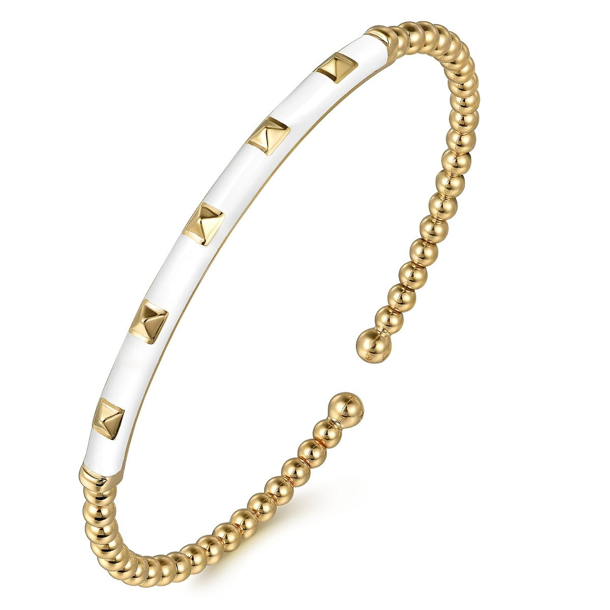 Enamel - 14K Yellow Gold Bujukan Beads and Pyramid Split Bangle with White Enamel