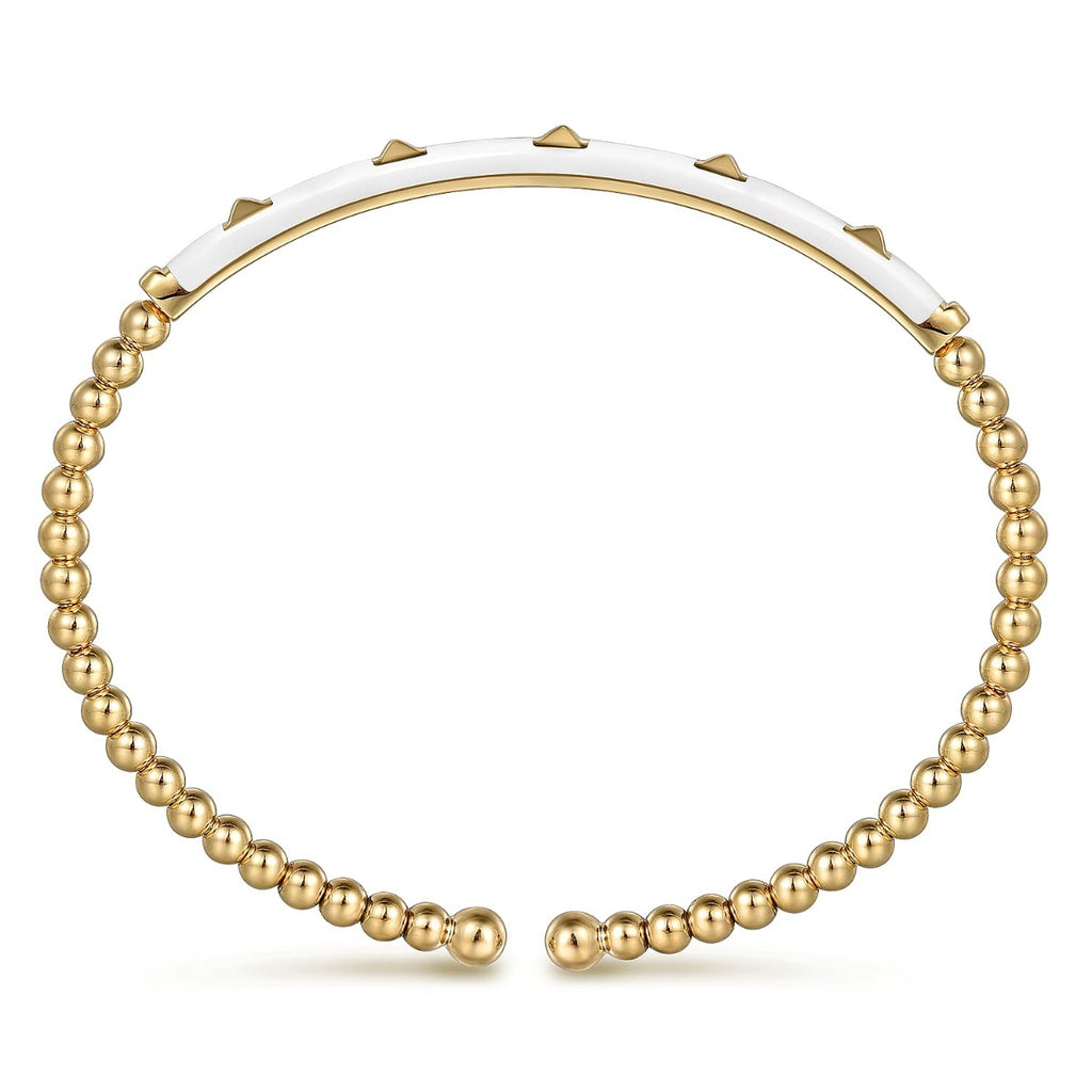 Enamel - 14K Yellow Gold Bujukan Beads and Pyramid Split Bangle with White Enamel