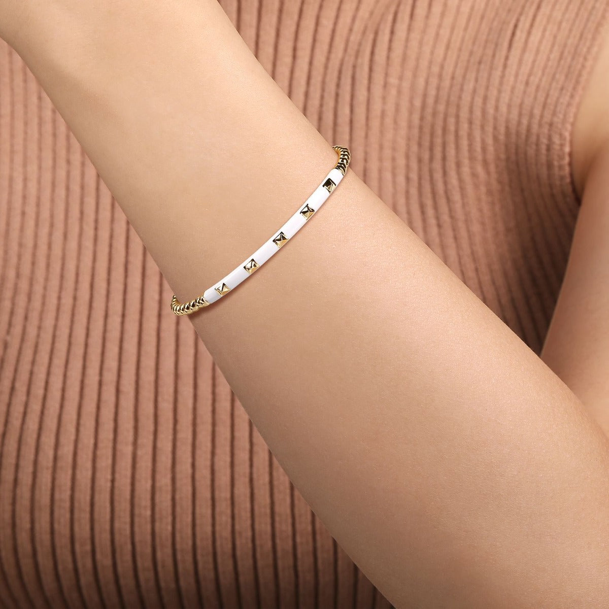 Enamel - 14K Yellow Gold Bujukan Beads and Pyramid Split Bangle with White Enamel