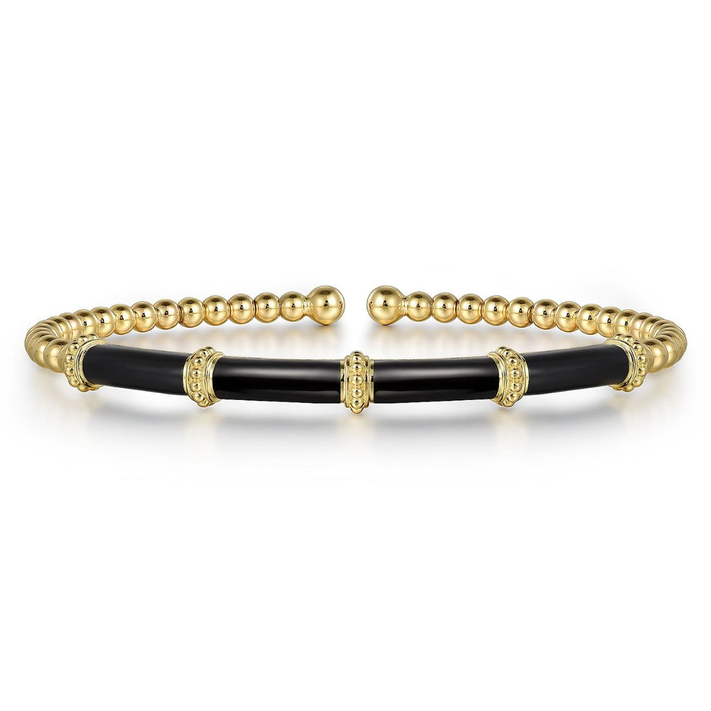 Enamel - 14K Yellow Gold Bujukan Beads Split Bangle with Black Enamel