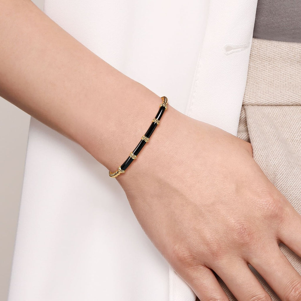 Enamel - 14K Yellow Gold Bujukan Beads Split Bangle with Black Enamel