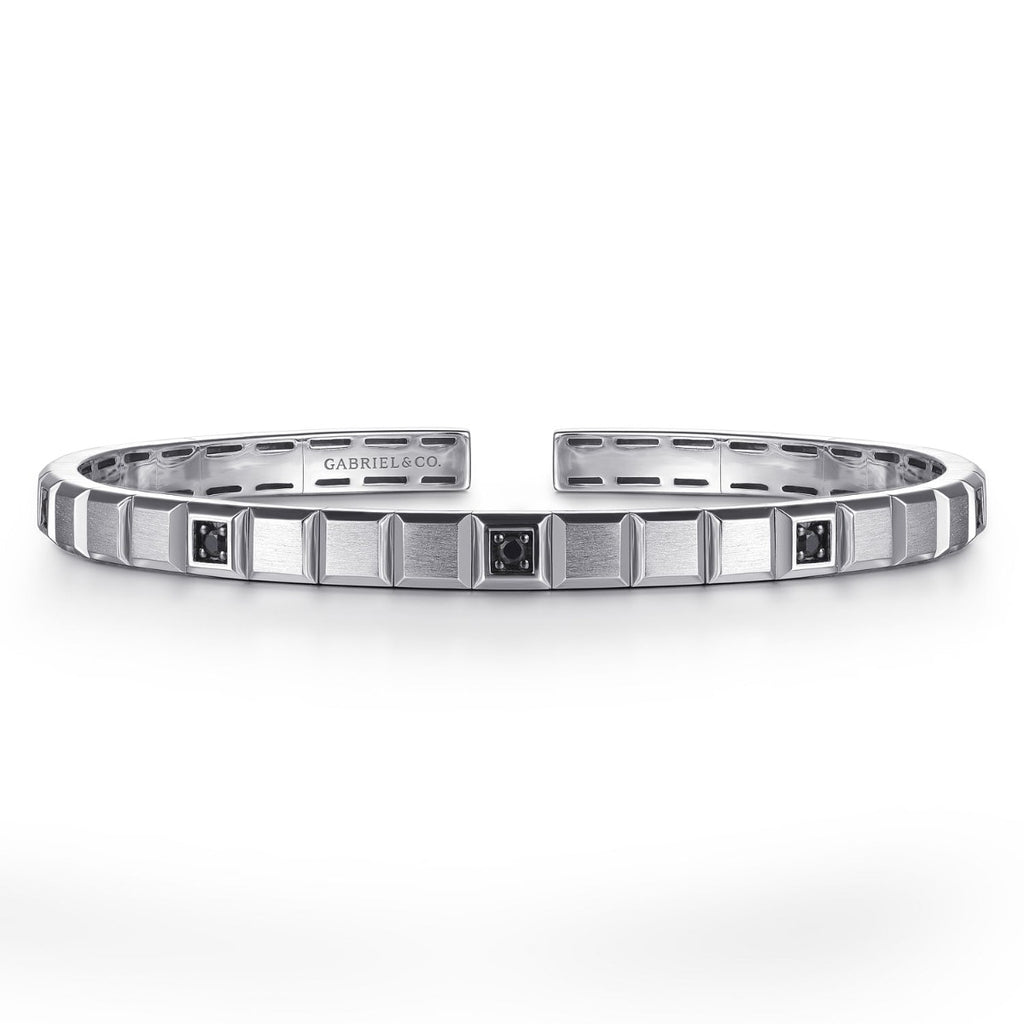 925 Sterling Silver Black Spinel Open Cuff Angular Cuts Square Bangle