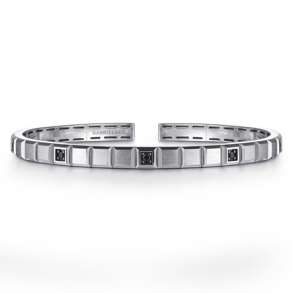 925 Sterling Silver Black Spinel Open Cuff Angular Cuts Square Bangle