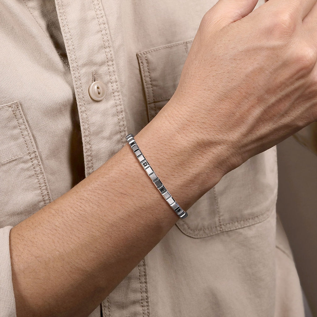 925 Sterling Silver Black Spinel Open Cuff Angular Cuts Square Bangle