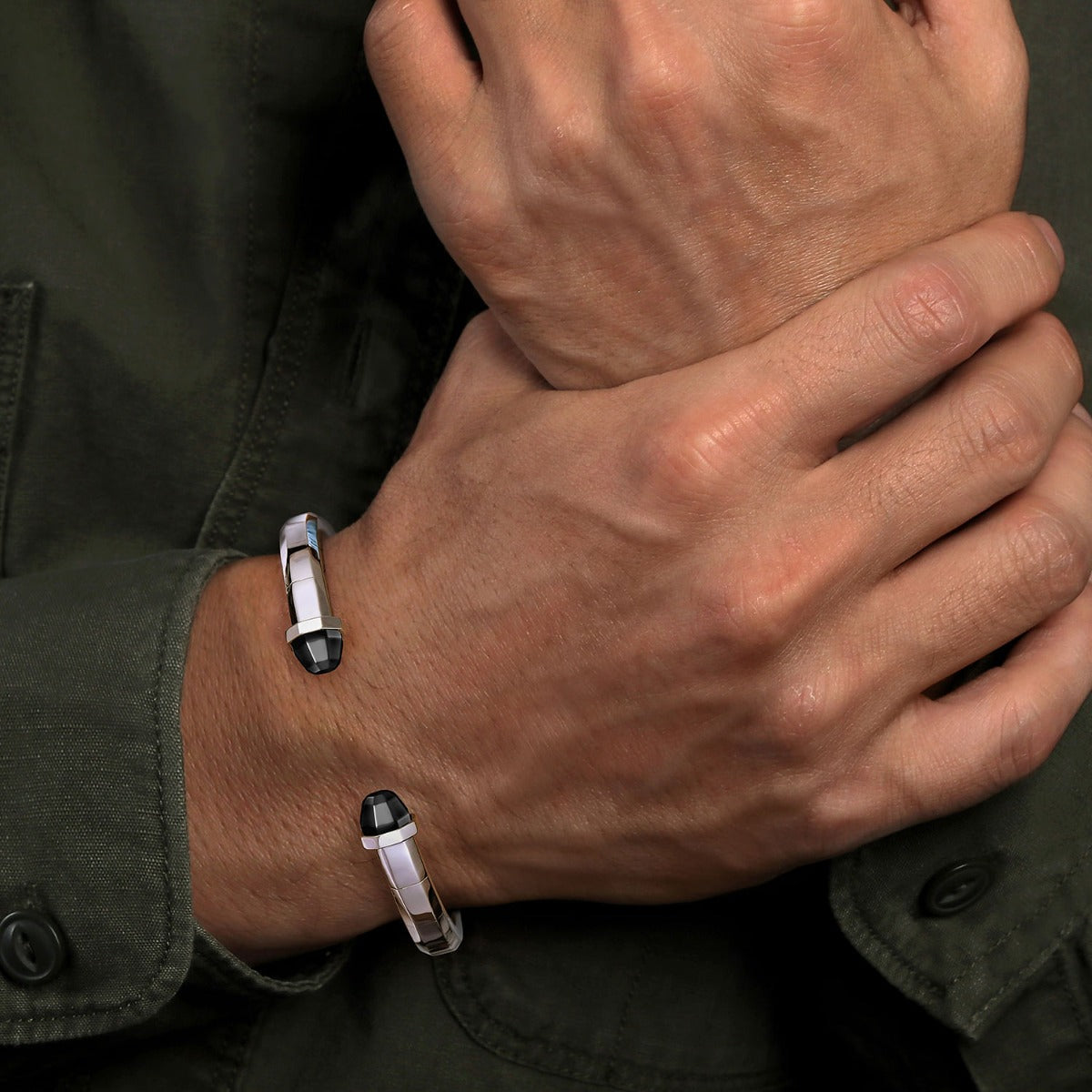 925 Sterling Silver Open Cuff Bracelet with Black Onyx