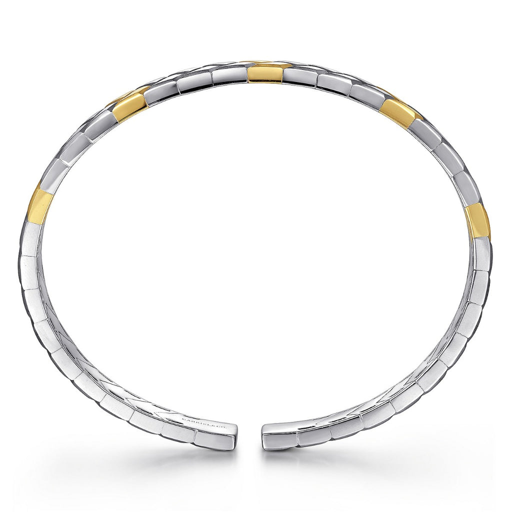 Sterling Silver and 14K Yellow Gold Open Herringbone Cuff Bangle