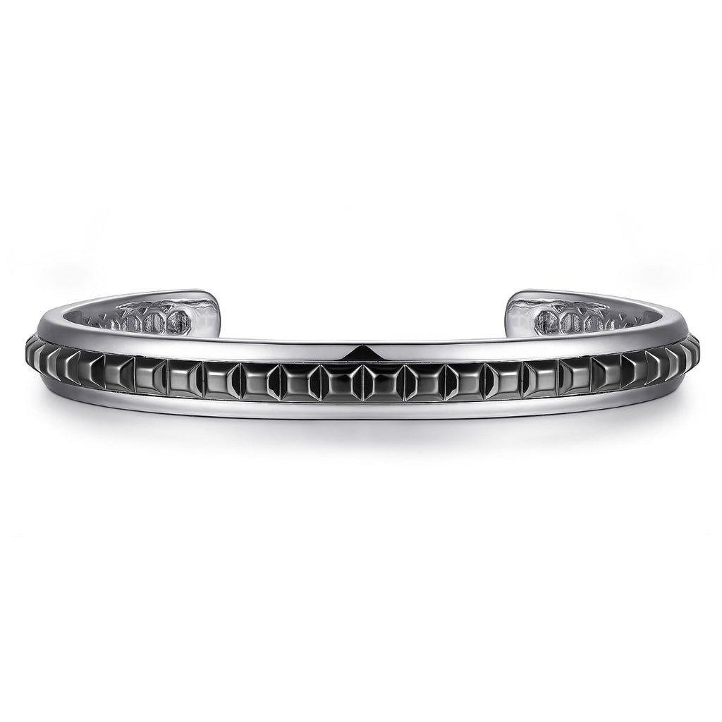 925 Sterling Silver Open Cuff Bracelet with Black Grommet Inlay