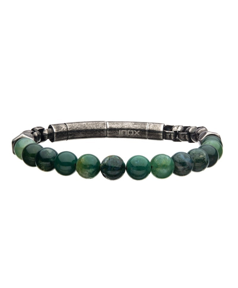 8mm Moss Agate Beads and Box Chain Bracelet