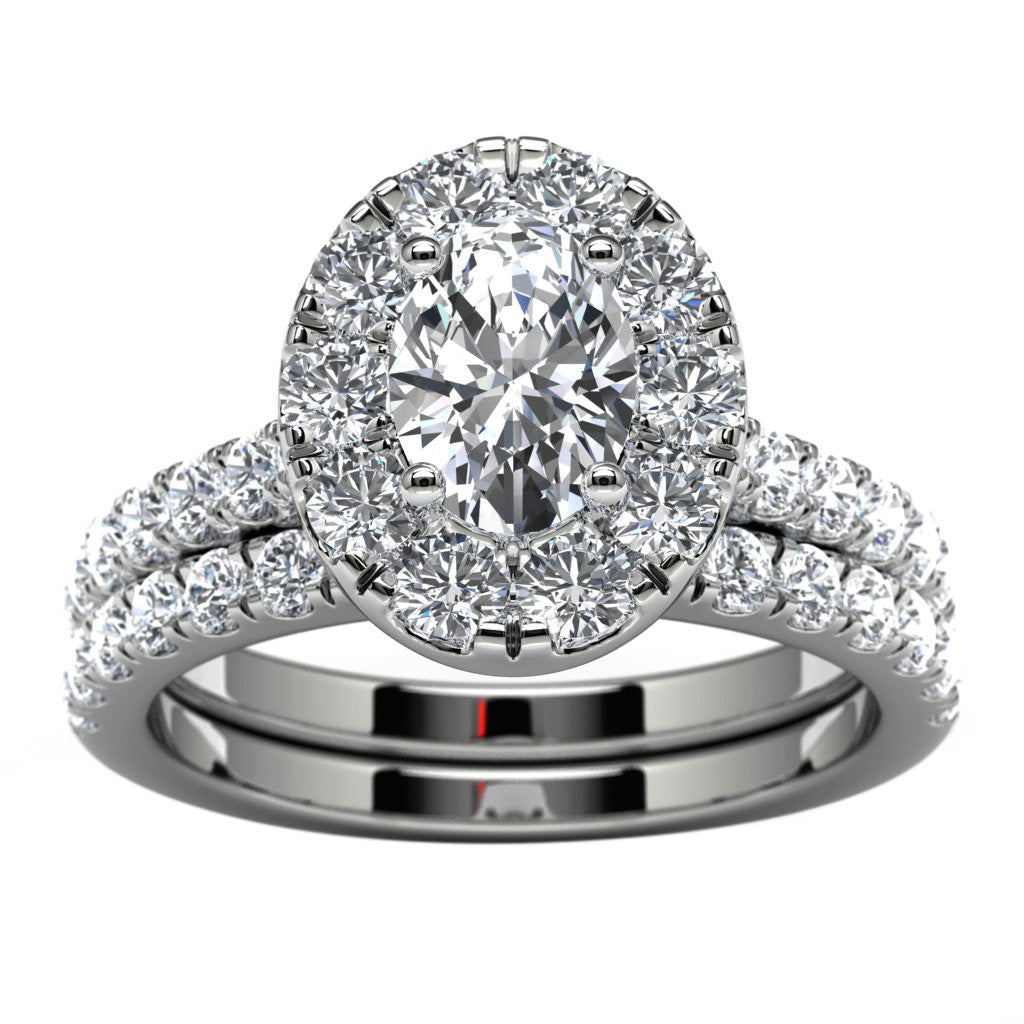 14k White Gold Oval Diamond Halo Diamond Engagement Set Angle View