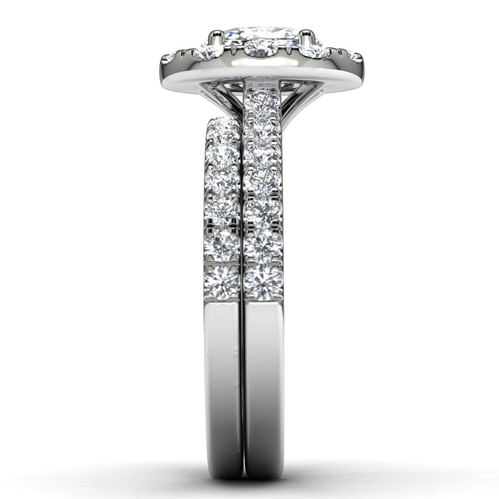 14k White Gold Oval Diamond Halo Diamond Engagement Set Side View