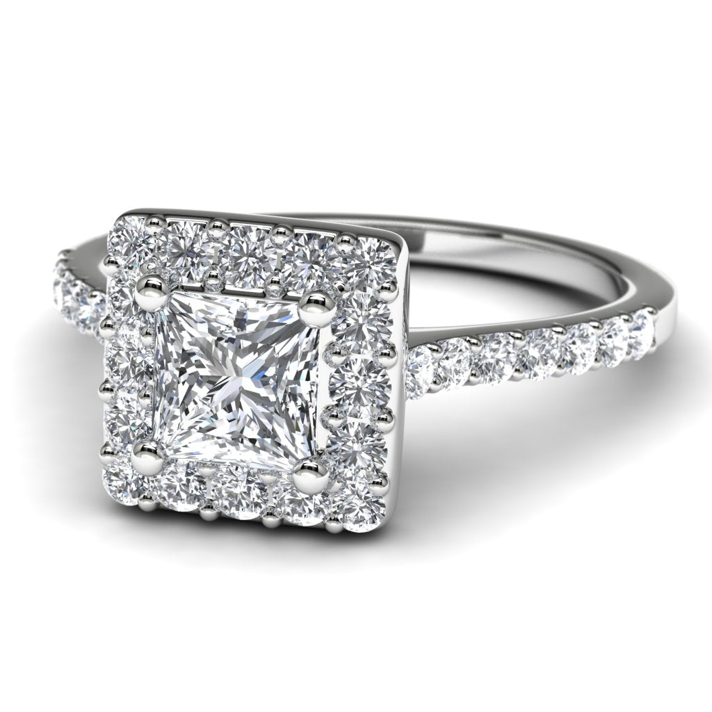 14k White Gold Princess Diamond Halo Engagement Ring Front View
