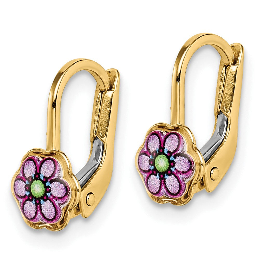 Turtle Bug 14K Children's Enamel Flower Leverback Earrings