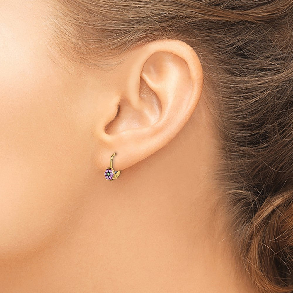 Turtle Bug 14K Children's Enamel Flower Leverback Earrings