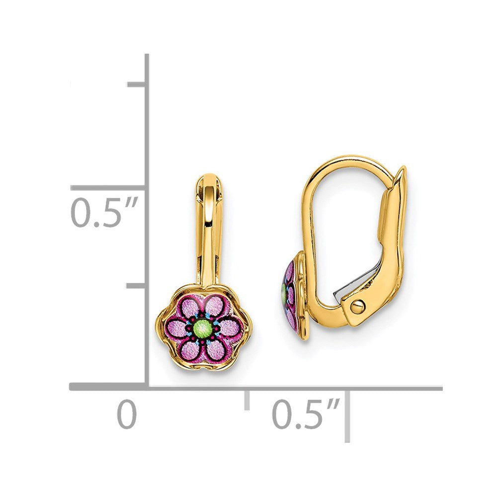 Turtle Bug 14K Children's Enamel Flower Leverback Earrings
