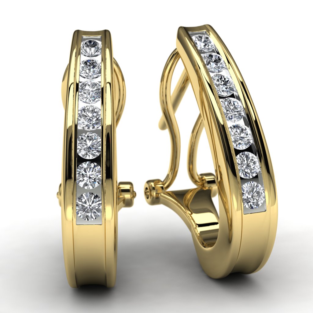 Yellow Gold Round Diamond Hoop Earrings Front View