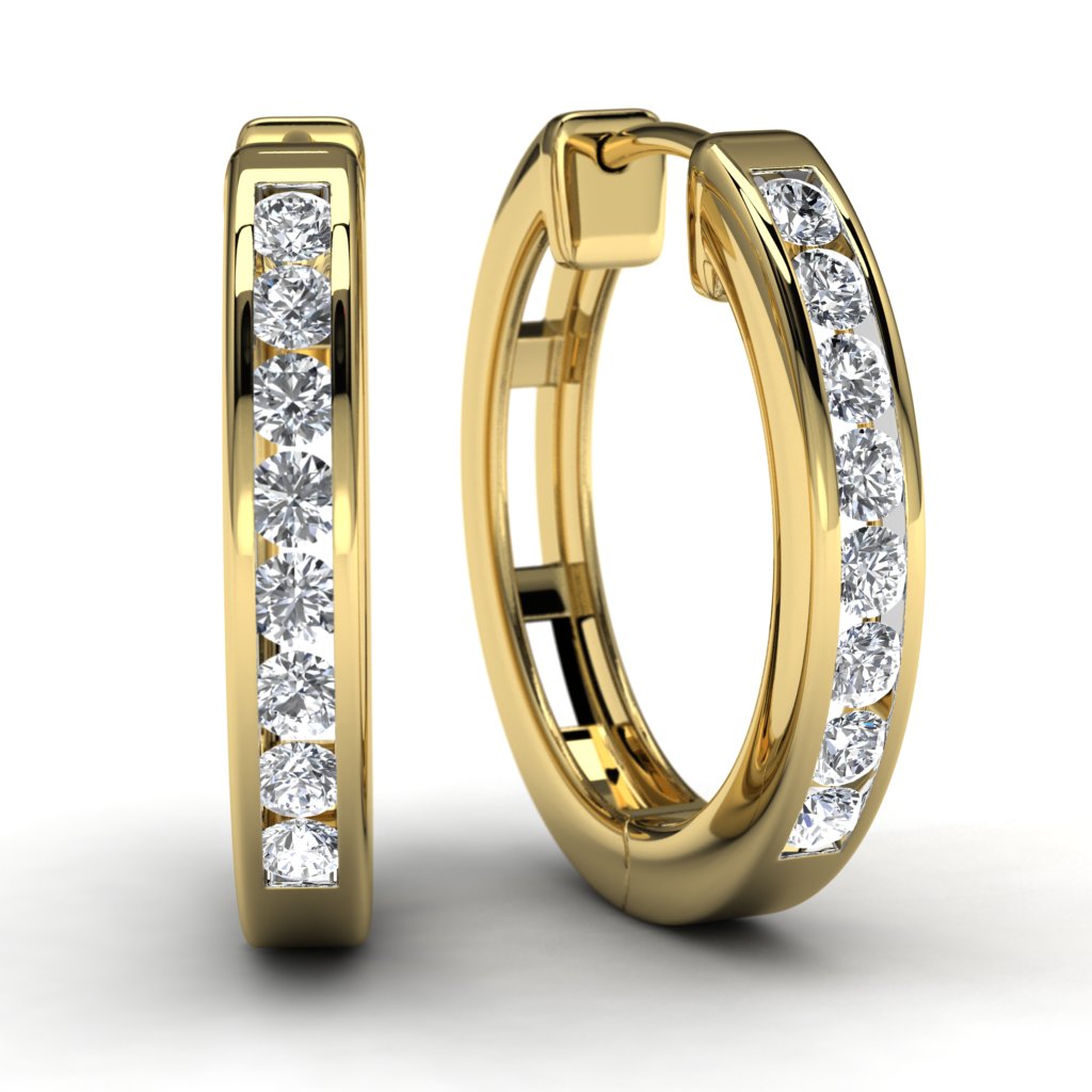 Yellow Gold Round Diamond Hoop Earrings Front View