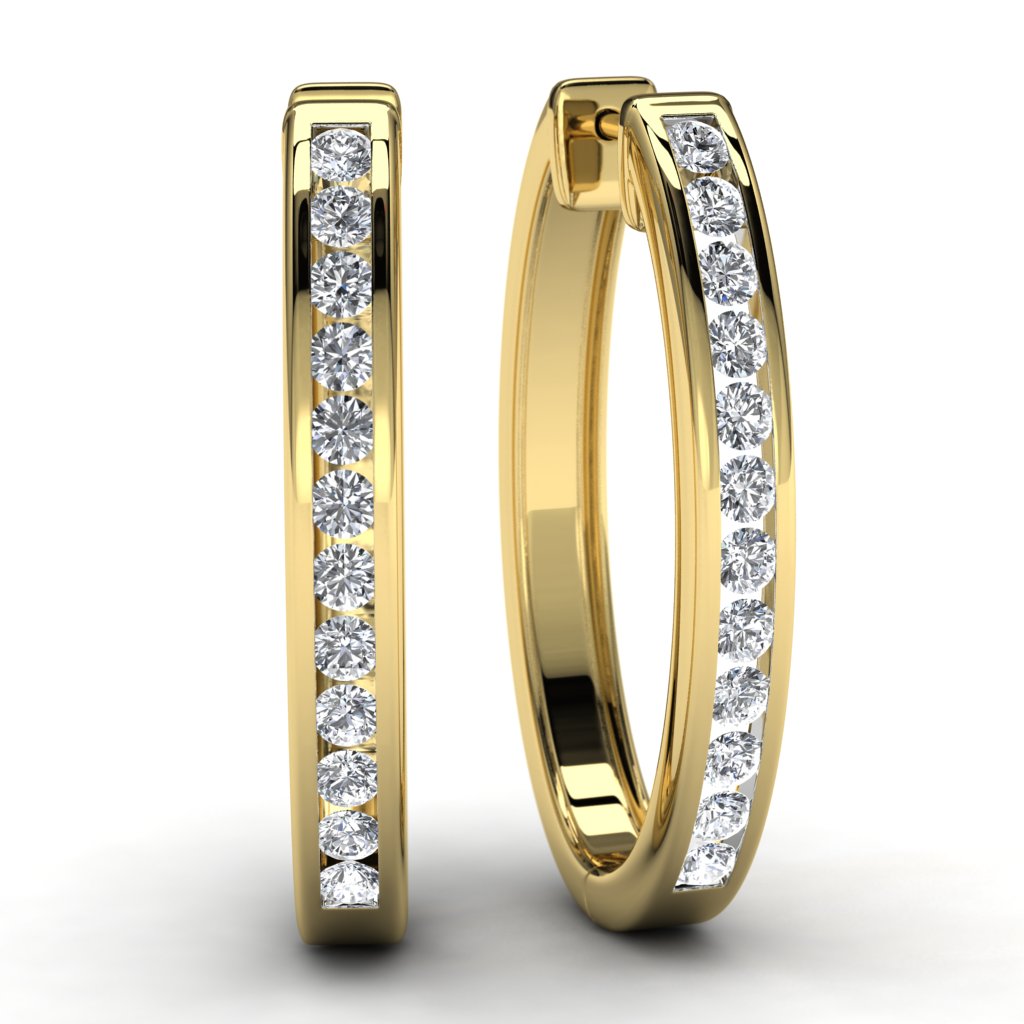 Yellow Gold Round Diamond Hoop Earrings Front View