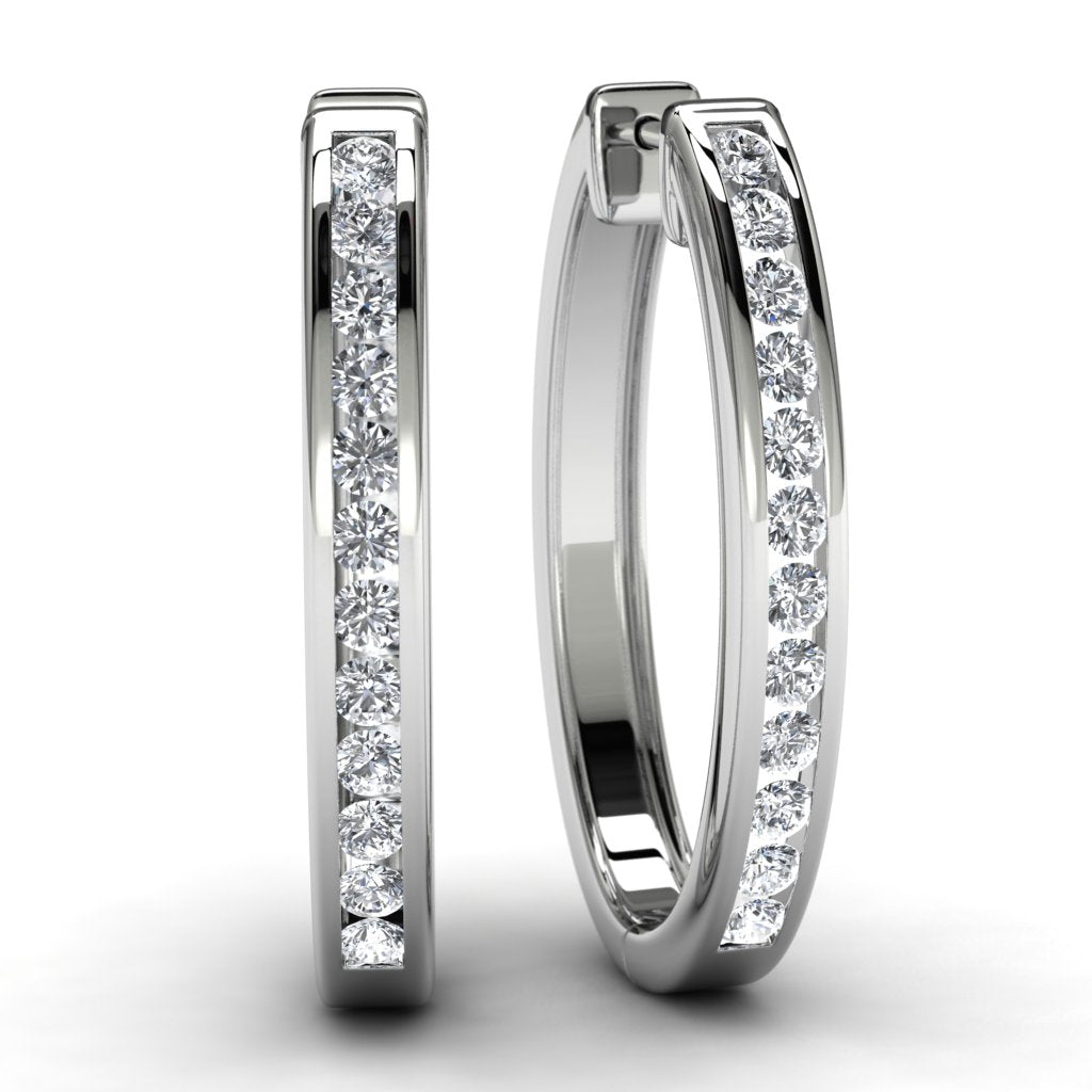 White Gold Round Diamond Hoop Earrings Front View