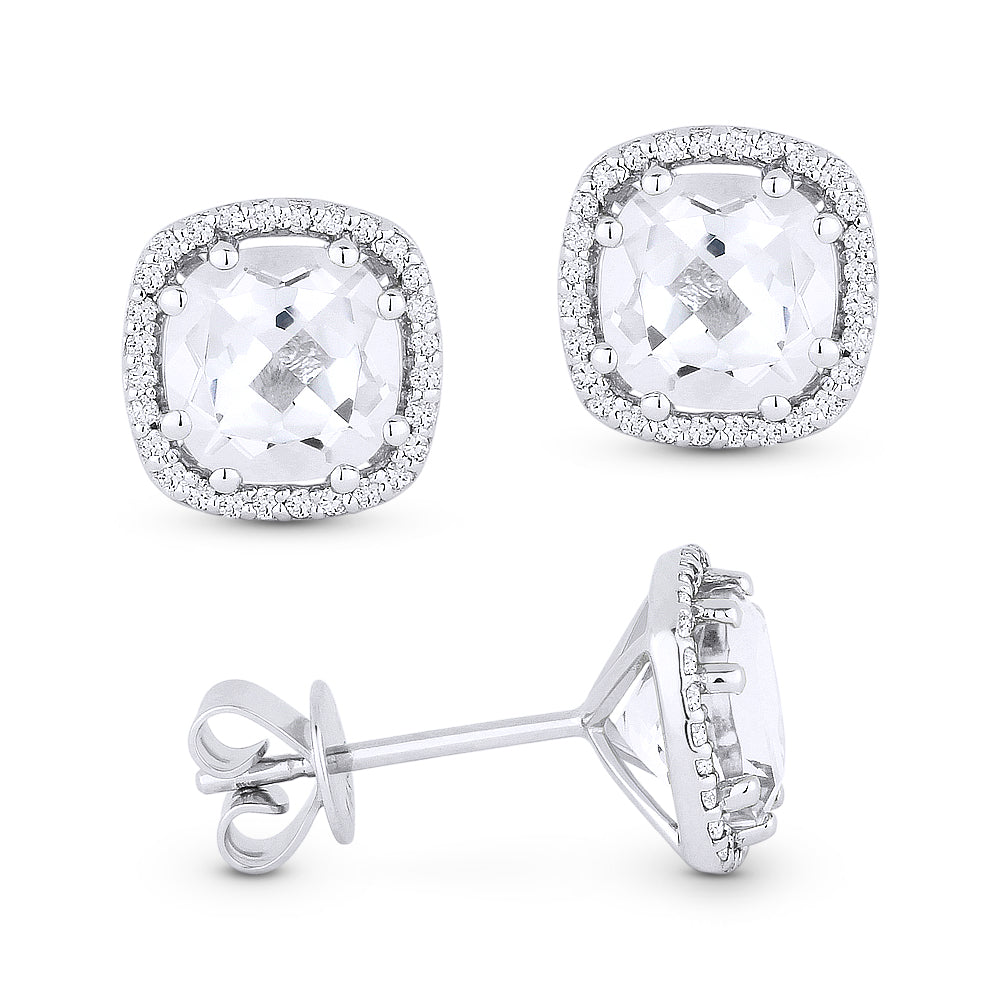 Front and side view whte topaz and diamond stud earrings