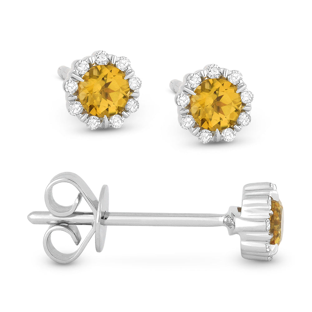 Front and side view citrine and diamond stud earrings